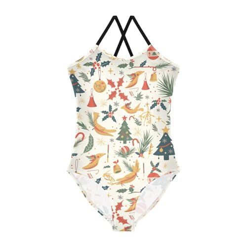 KLL Christmas Pattern Greeting Girls' 1-Piece Swimsuits Summer Swimming Suits with Adjustable Straps UPF 50+