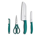 Victorinox Classic Set de Cocina, 4 Piezas, Incluye Pelador, Tijeras, Cuchillo Santoku y Cuchillo para Tomates, Hojas Afiladas, 7–17 cm, Mangos de Plástico, Verde