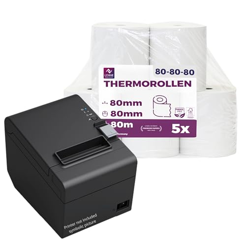 LYNNE - Rollos Papel Termico 80x80 para Impresora de Tickets - Para caja registradora con impresora de recibos - Papel impresora Termica 80x80x12 - Rollo Papel térmico 80mm x 80mm x 80m - [5x]