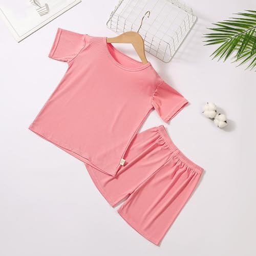 Girls Short Sleeve 𝐏ajamas Summer 2 Piece Kids Soft 𝐏𝐣𝐬 Cotton Breathable Outfits Matching 𝐒leepwear Plain3