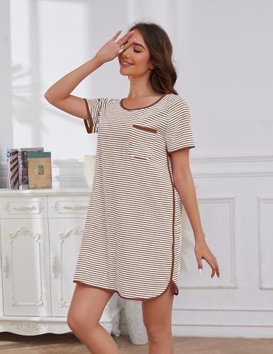 Image of VibeVista Cotton Nightgowns for Women Summers Striped House Dresses Short Sleeve Crew Neck Sleepwear Sleepshirts Sleep Dress