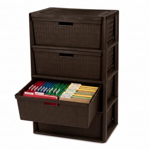4-Drawer Plastic Storage Tower with Removable Opaque Weave Bins, Tool-Free Assembly Organizer for Bedroom, Study, and Office, 33.25