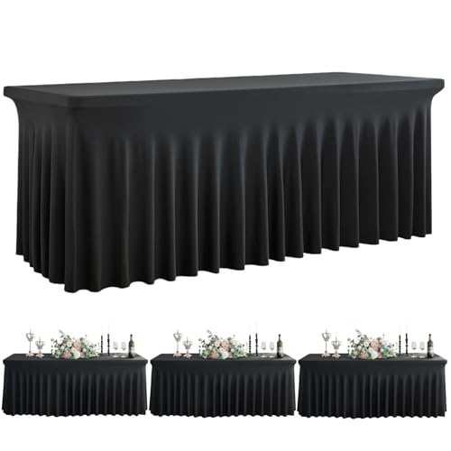 Image of Outpain Black Spandex Tablecloth for 8 Foot Rectangle Tables, 3 Pack Black Fitted Table Cloths 8ft Stretchy Banquet Table Clothes Cover Desk Skirt for Birthday Wedding Parties Baby Shower