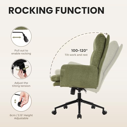 Image of IWMH High-Back Home Office Chair,Upholstered Desk Chair with Armrests,Height Adjustable Armchair with Wheels, Swivel Office Desk Chair, Ergonomic Computer Task Chair, Leisure Armchair Cashmere (Green)