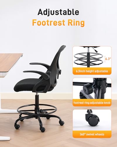 Image of LukkDys Drafting Chair with 4D Multi-Adjustable Backrest, Tall Office Chair 19.7 inch-27.6 inch Seat Height, Ergonomic Standing Desk Chair with Flip-up Arms, Foot Ring, Black