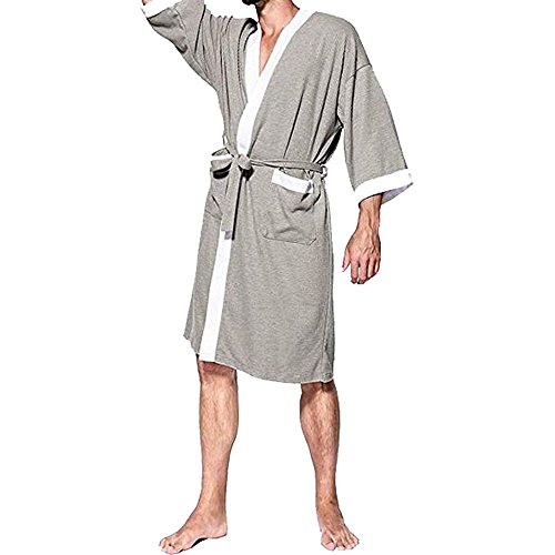 OGOUGUAN Men's Waffle Kimono Robe Cotton Lightweight Nightgowns Spa Terry Cloth Bathrobe Sleepwear with Pockets3