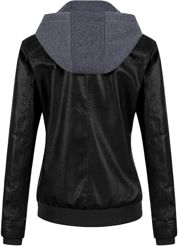 CREATMO US Women's Faux Leather Jacket Waterproof Motorcycle Bomber Jacket Vintage PU Moto Biker Coat With Removable Hood3