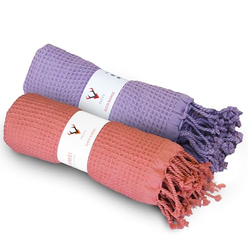 Image of Bath Towels - 100% Cotton Waffle Weave Large Size Towels (75 x 150cm) - Quick Absorption &Faster Drying Bath Towel for Women & Men (Pack of 2, Brick & Lilac)