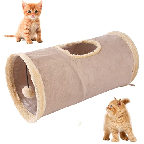 Katzentunnel Kaninchen Röhr Katzenspielzeug, Katze Agility Tunnel, Faltbar Spieltunnel aus Wildleder für alle Katzen und kleine Tiere, 1 Höhlen 50* 25cm katzenspielzeug Intelligenz (Khaki) Cover