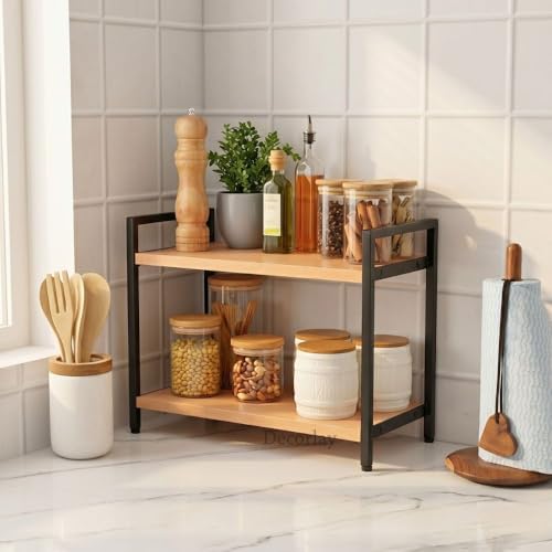 Image of Decorlay Kitchen Countertop Storage Organizer Laminated Board with Metallic Frame, Space-Saving Rack for Spice Bottles & Condiments | Beech & Black | Pack of 1