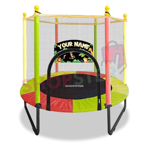 Image of Shopster 55-Inch Kids Personalized Round Trampoline with Safety Enclosure Net - Padded Spring Cover, Durable Steel Frame, Indoor /Outdoor Use, Supports Up to 120 kg - Multicolor