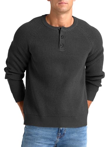 RQP Men's Henley Sweater Long Sleeve Button Crewneck Sweater Knit Sweater Casual Waffle Texture Pullover Sweater,Dark Gray S