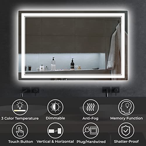 Awandee Led Mirror For Bathroom 60" X 36" Led Bathroom Mirror With Lights, Front And Backlit Lighted Bathroom Vanity Mirror For Wall With 3 Colors Dimmable, Anti-Fog, Memory, Horizontal/Vertical #TOP1