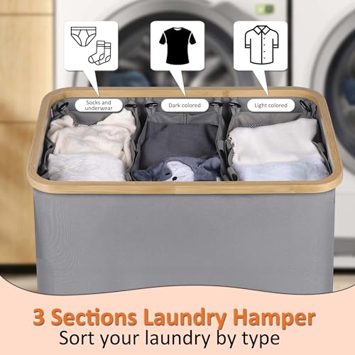 efluky Laundry Hamper with Lid, Trio Laundry Basket with 3 Removable Bags, 3 Section Laundry Bin with Bamboo Handles for Bathroom, Bedroom & Laundry Room, 160L Silver Grey by efluky - Image 4