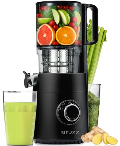 Zulay Kitchen Cold Press Juicer Machine with 5' Wide Feed Chute, Slow Masticating Juicer for Whole Fruits & Vegetables, Easy to Clean, Stainless Steel Blades, High Juice Yield - Black