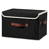 VinneGenzz Storage Boxes with Lid Cotton Linen Fabric Storage Bins Organizer Container Decorative Collapsible Washable Shelf Baskets Faux Leather...