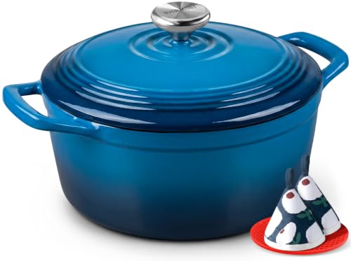 Overmont Enameled Cast Iron Dutch Oven - 5.5QT Pot with Lid Cookbook & Cotton Potholders - Heavy-Duty Cookware for Braising Stews Roasting Sourdough Baking Blue