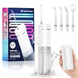 JTF Idropulsore Dentale Mini, Portatile Irrigatore Dentale Viaggio con 5 Ugelli Ricambio, 4 Modalità, IPX7 Impermeabile, 230 ML Erbatoio Dell'acqua Retrattile (Bianco)