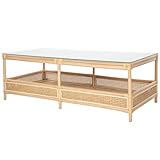 Kouboo Rattan Cane Rectangular 2-Tier Open Shelf Coffee Table with Glass Top, Living Room Table, 52 in. x 23.5 in., Boho Chic Tropical