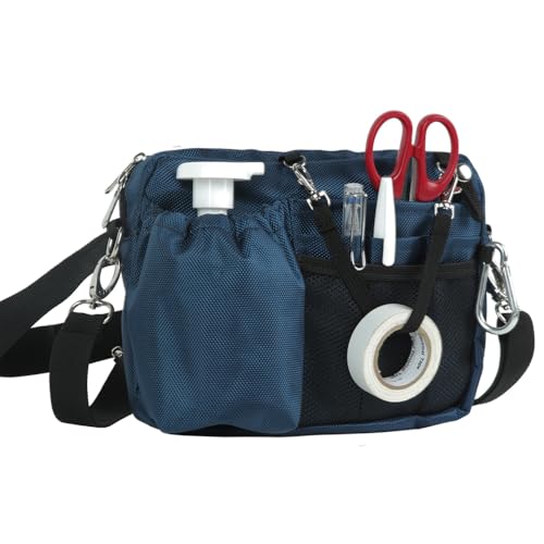 多機能ウエストポーチ ナースポーチ ウエストバッグ マチ付き 横長タイプ ダブルジッパー 11ポケット ボトルポケット付き 工具 文具 小物入れ 業務用 作業用 看護 介護 カラビナ ショルダーベルト付き 撥水 防傷加工 ネイビー