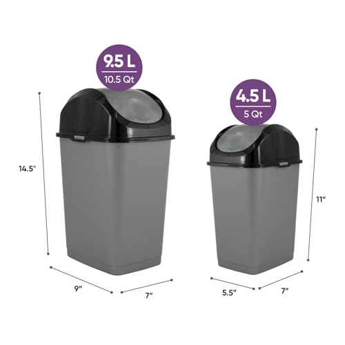 Image of Superio Mini 1.25 Gallon and Small 2.5 Gallon Plastic Trash Cans with Swing Top Lid, Grey Waste Bin for Countertop, Desk, Vanity, Bathroom, 2 Pack (Grey /Black)
