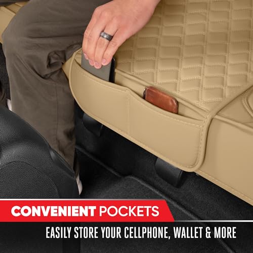 Image of Motor Trend Rear Seat Cushion - Beige Diamond Stitched Faux Leather Rear Seat Cover for Cars, Trucks, SUVs - Padded, Waterproof, Non-Slip Back Seat Cover with Storage Pockets