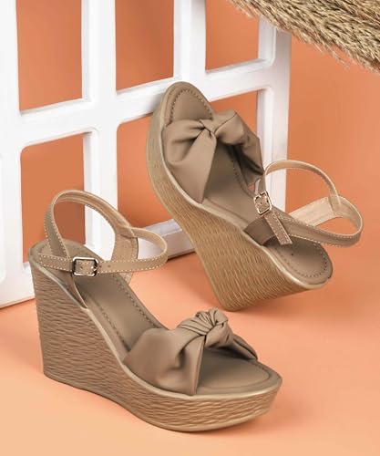 Image of JM LOOKS Elegant Ruched Knot Wedge Sandals with Woven Texture Heel and Adjustable Ankle Strap Comfort