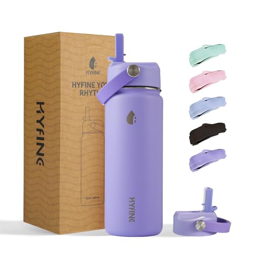 HYFINE Stainless Steel Water Bottle with Straw Lid, 18oz Insulated Vacuum Bottle with Carrying Loop,...