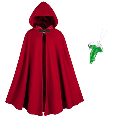 MyersCostume Medieval Hooded Cloak with Leaf Brooch Necklace 2 Pcs Adult Renaissance Viking Hooded Cloak (Red)