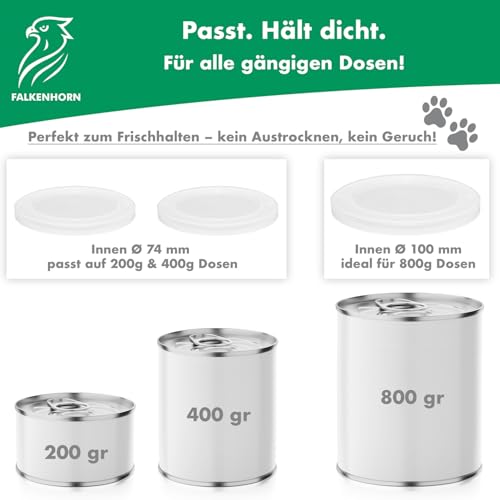 Falkenhorn Dosendeckel für Tierfutter – 2x 200g/400g & 2x 800g Hundefutter & Katzenfutter Dosen – Lebensmittelecht, Spülmaschinenfest, Wiederverwendbar, Made in Germany – Frische & Geruchsbindung