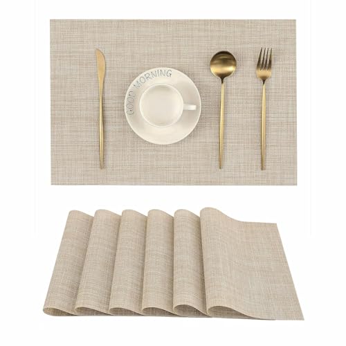 Image of Placemats Set of 6 Dining Table Place Mats | Placemats Table Mat PVC Material | Non-Slip Heat Resistant | Dining Tablemates Washable Anti-Skid | Size 45 x 30cm (Beige)