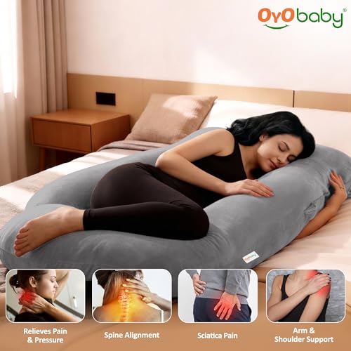 Image of OYO BABY Maternity Pillows J-Shape Full Body Pillow | 360 Maternity Support for Back, Hips, Legs & Belly | Pregnancy Pillows for Women | Removable Washable Velvet Cover (Light Grey)