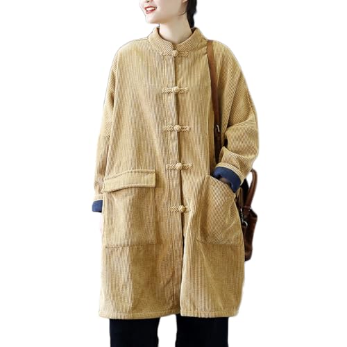 Ystylee Womens Classic Long Corduroy Jacket Sherpa Fleece Lined Loose Button Down Chinese Vintage Jacket Trench Coat
