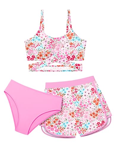 Image of Girls Swimsuit 3 Piece Bathing Suit Criss Cross Bikini Set Girls' Swimwear with Shorts 7-16T