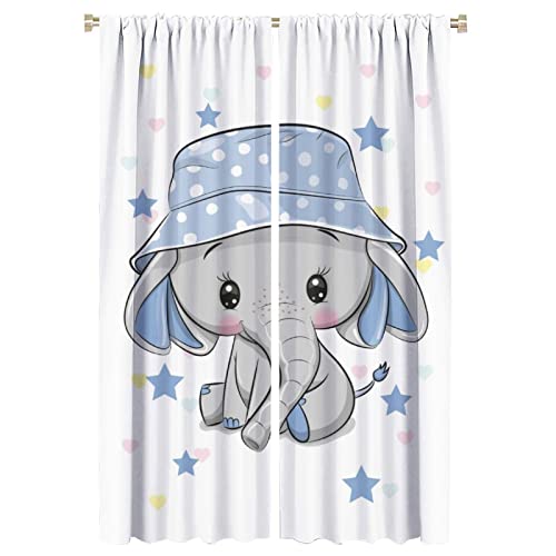 Image of Denruny Cartoon Cute Elephant Curtain Nursery Baby Elephant with Blue Hat Windows Drapes for Nursery Room Kids Room Gifts for Boys and Girls Rod Pocket 2 Panels 63L x 21W