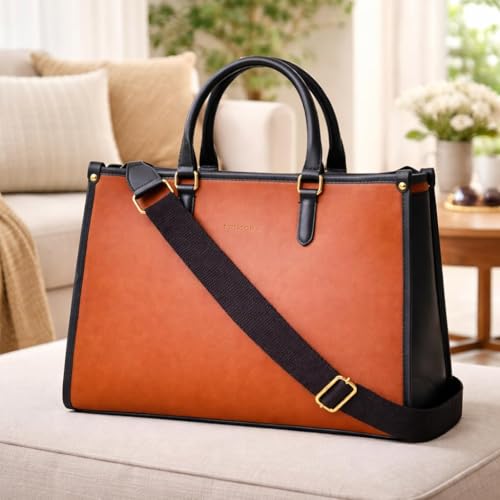 Image of Primora Women's Large Tote Bag for Office Use | Fits Up to 14 inch Laptop | Adjustable & Detachable Sling Strap | Dual Handles | Zipper Closure | Spacious Work Handbag (Dark Brown)