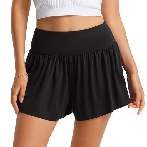 FitsT4 Sports Damen Badeshorts Schwimmhose Badehose Hohe Taille Flowy Strand Skorts Schnell Trocknend Baden Badeanzug Bottoms mit Innenhose Schwarz 2XL