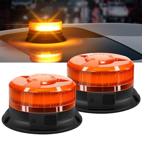 AnTom 2 pièces Gyrophare LED sans Fil Rechargeable 9V-80V Orange-Phare d’Avertissement Clignotant Magnétique avec 9 Modes de Flash pour Véhicules...
