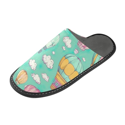 Cute Hot Air Balloon Green Memory Foam House Slippers for Grandma Mom, Slip On House Shoes for Women Size 4-5