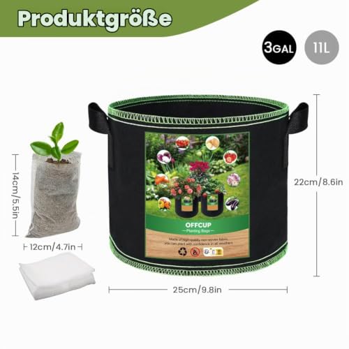 OFFCUP 6X 11L Pflanzsack Vliesstoff 100Taschen 3Gal Griffe – Ansicht 2