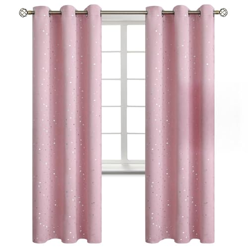 Image of BGment Kids Blackout Curtains for Bedroom - Grommet Thermal Insulated Silver Star Print Room Darkening Curtains for Kids Room, Set of 2 Panels, 38 x 84 Inch, Baby Pink