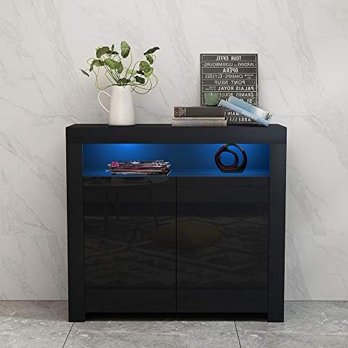 Panana High Gloss 2 Door Sideboard Cupboard with LED Lights Display Cabinet Storage for Living Dining Room Bedroom Furniture (Black)