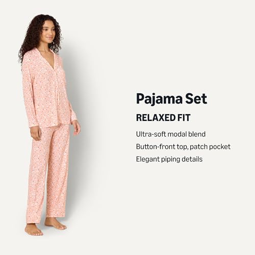 Image of Amazon Essentials x Sofia Grainge Women's Stretch Modal Long-Sleeve Button-Front Top and Full-Length Bottom Pajama Set