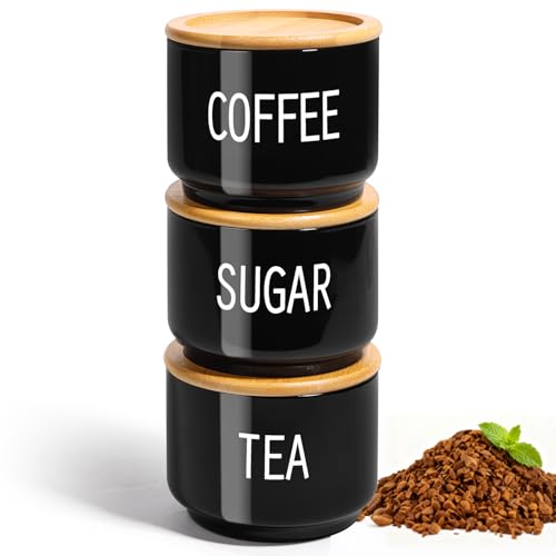 ComSaf Tea Coffee Sugar Canisters 450mL Glass Black Tea Coffee and Sugar Canisters Set of 3 Stackable Glass Jars with Airtight Bamboo Lids Lightproof Containers for Home Kitchen Food Storage