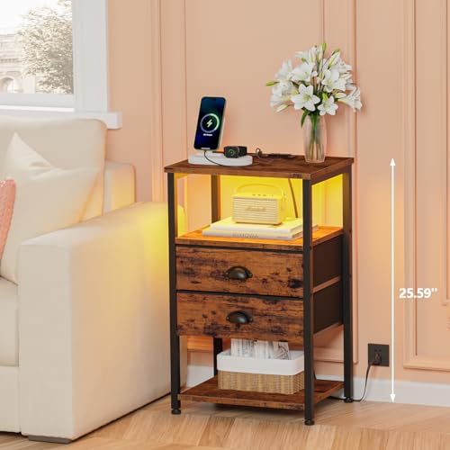 Furologee 61" Desk and Nightstand with Charging Station and LED Light, Reversible Computer Desk with File Cabinet, End Table with 2 Drawers, for Home/Office