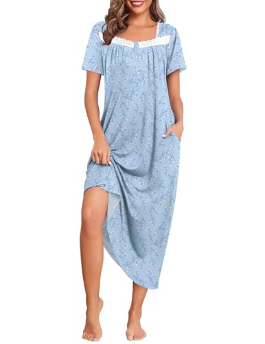 Image of Ekouaer Long Nightgowns for Women Short Sleeve House Dress with Pockets | Soft Vintage Victorian Sleepdress Moo Moo Nightgown Pleated Front Button Sleepwear Mumu Dress Loungwear Lace Nightdress