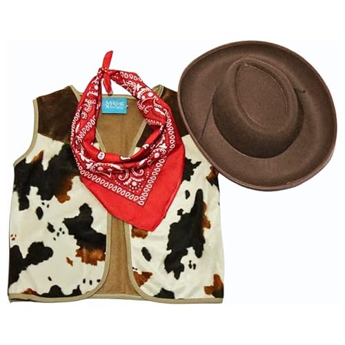Kids Western Rodeo Cowboy or Cowgirl Basic Costume Set - Vest, Brown Hat, Bandanna - Size 6-8