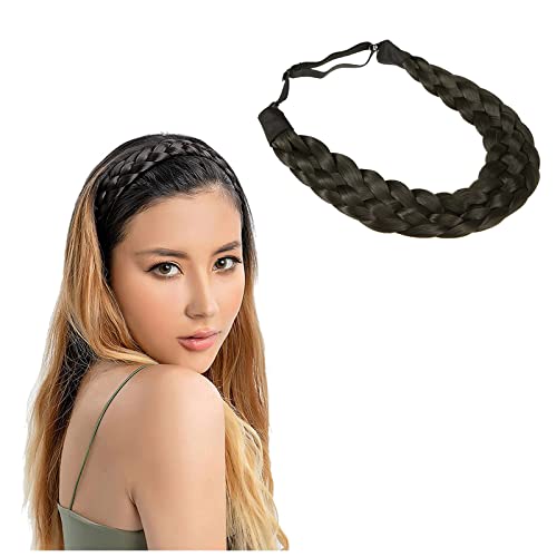 TOECWEGR 5 Strands Synthetic Hair Braided Headband Hairpiece Classic Chunky Wide Plaited Braids ElasticMulti-Color Headband Ladies Beauty Headwear (Brownish black)