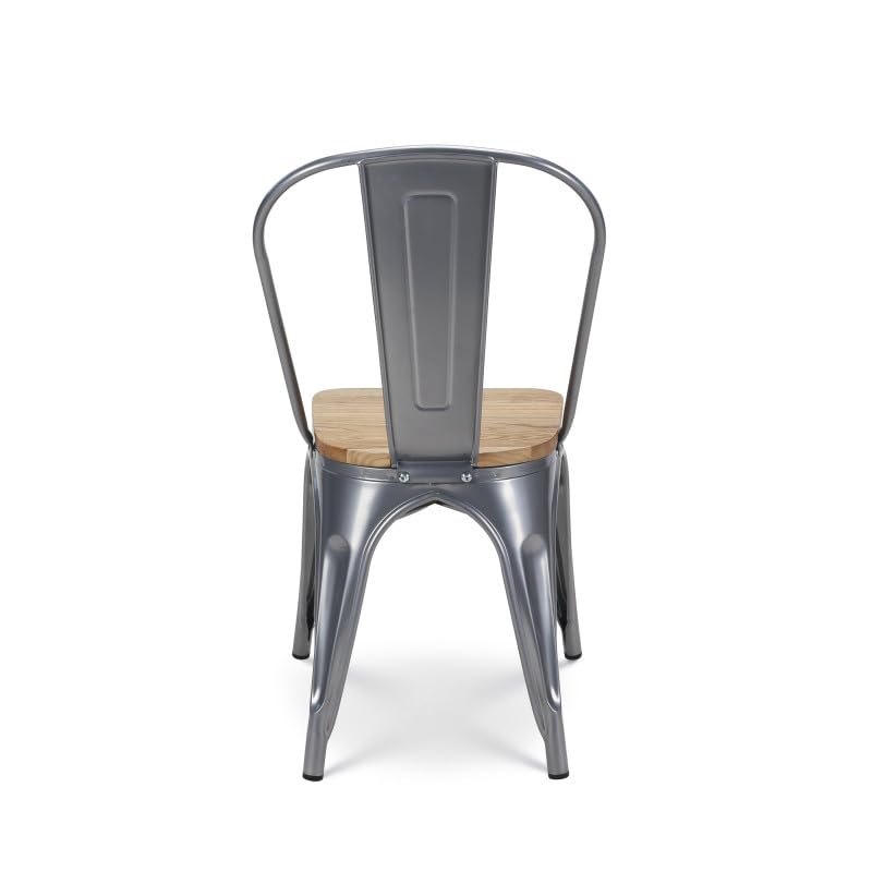 Kosmi - Set di 4 sedie in Metallo Grigio Argento con Seduta in Legno Chiaro - Stile Industriale