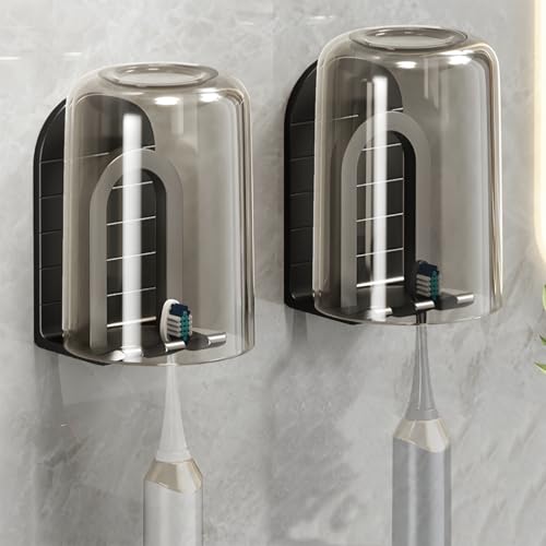 2Pcs Toothbrush Cup Holder Set – Bathroom Toothbrush Organizer with Toothbrush Cup - Self Adhesive Wall-Mounted(Black)